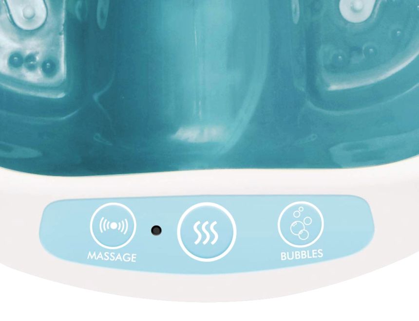 Primo piano delle funzioni dell’idromassaggiatore HoMedics FS-250: massaggio plantare, riscaldamento dell’acqua e idromassaggio